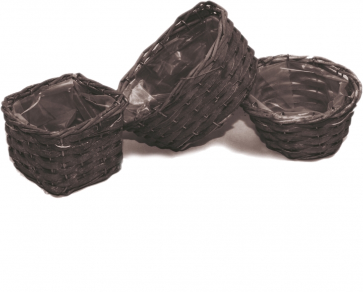 Körbchen Set in Blackwashed ( rund, oval & eckig mit Pflanzfolie )