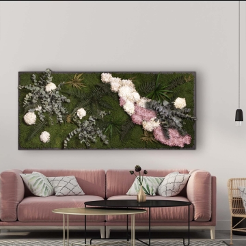 Moosbild Waldmoos mit Pflanzen und Hortensien 182 x 82,5 cm